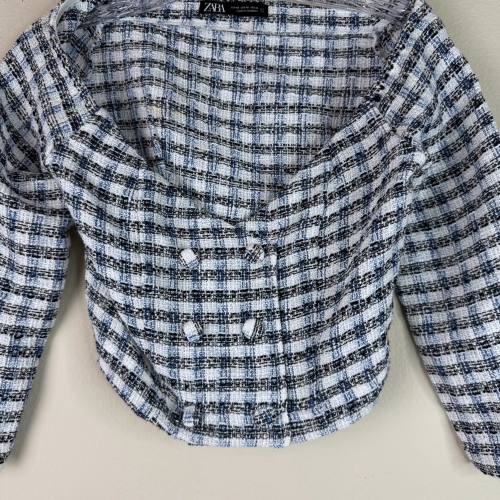 Zara Top Womens XS Blue White Plaid Tweed Off Shoulder Double Breasted Crop - Picture 2 of 4
